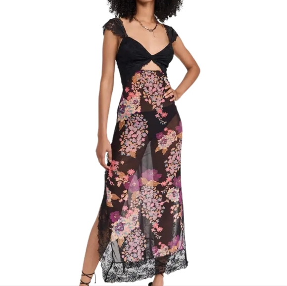 Amazon black foral lace trim sleeveless v neck cut out midi dress - Picture 1 of 13